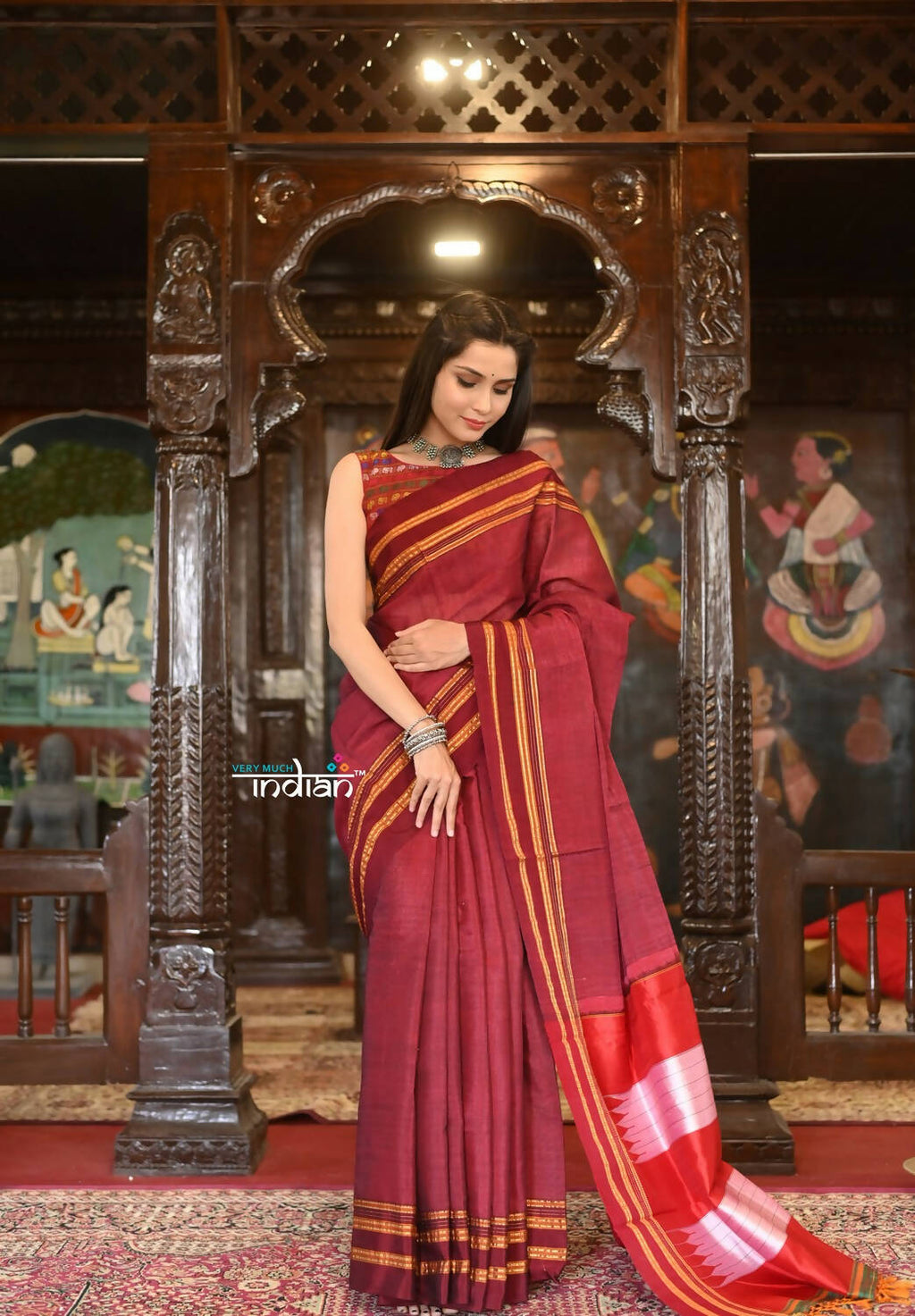 Very Much Indian Handloom Cotton Viscose Ilkal Saree Bright Maroon With Red Border - Distacart