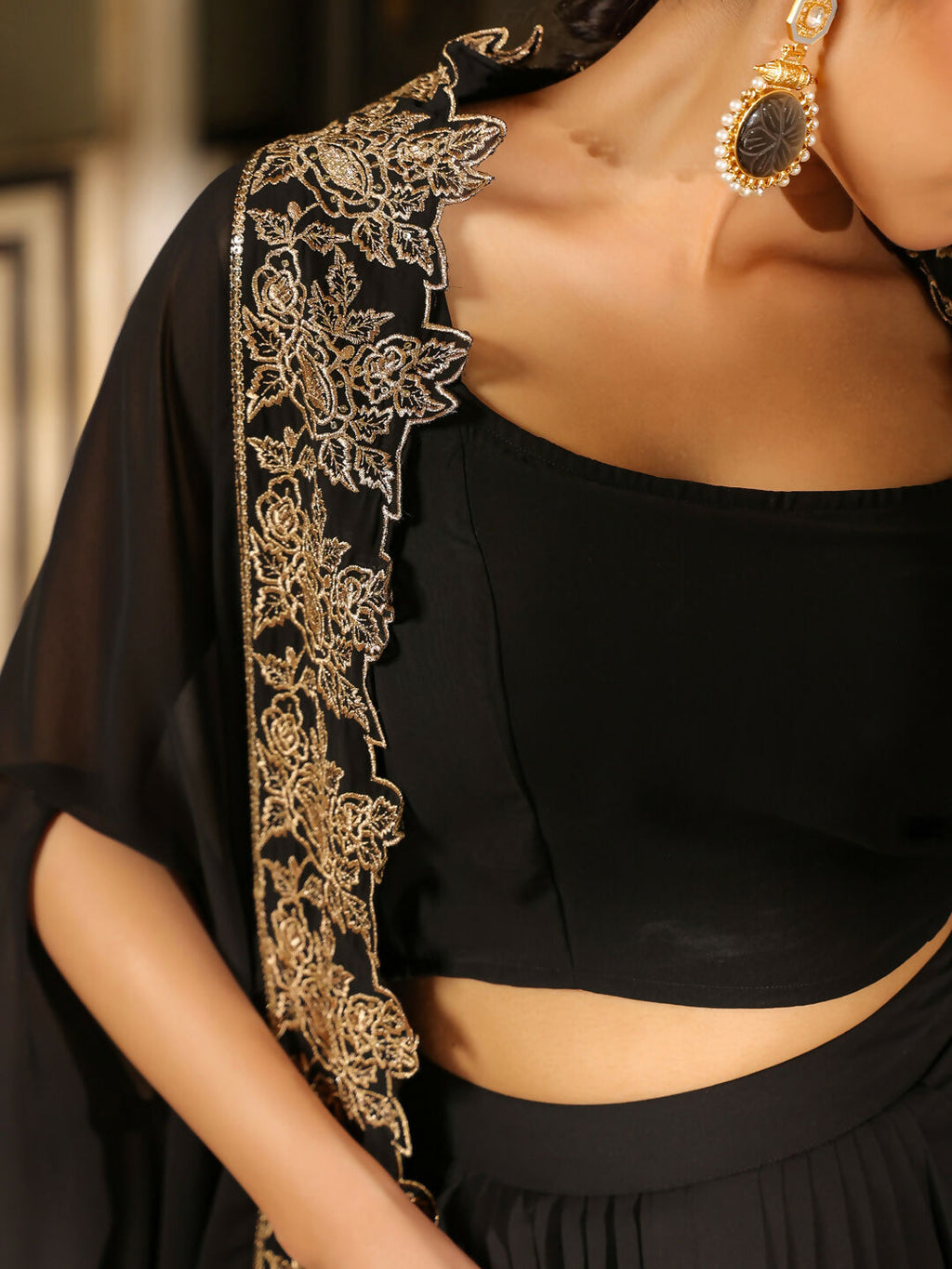 Janasya Black Georgette Solid Top Bottom Cape
