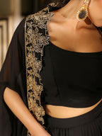 Janasya Black Georgette Solid Top Bottom Cape