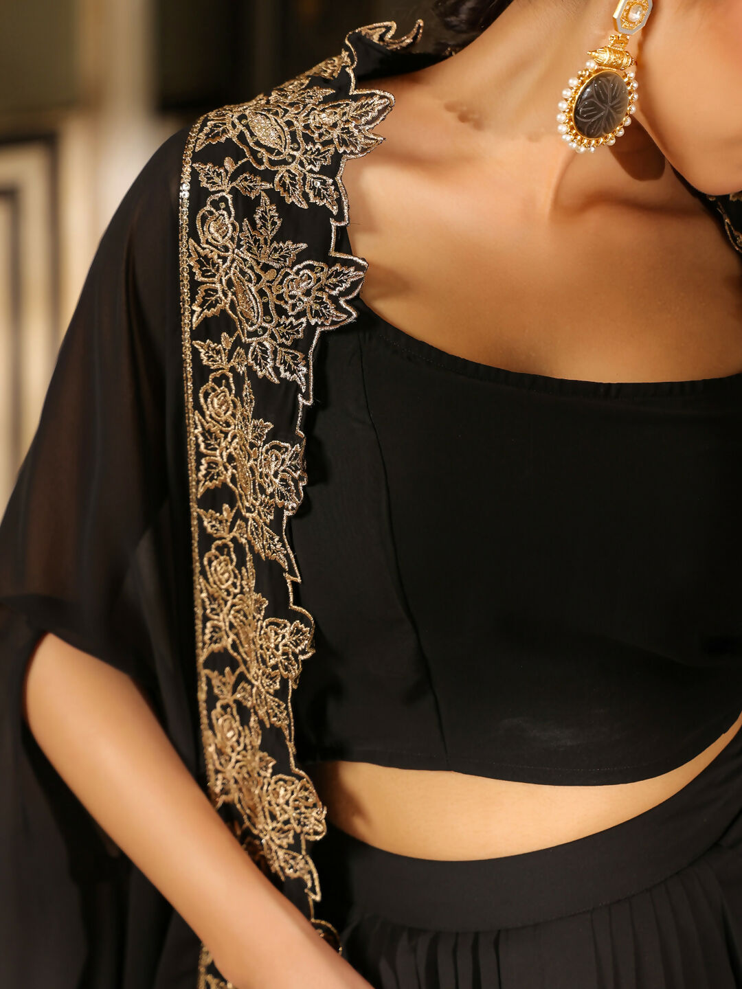 Janasya Black Georgette Solid Top Bottom Cape