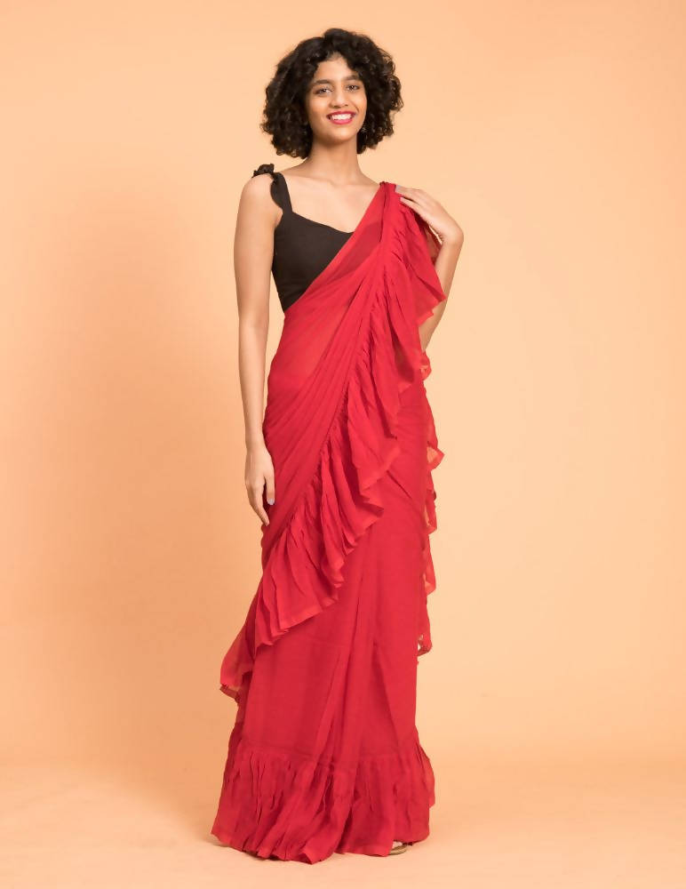 Suta Red Pure Cotton Solid Ruffle Saree - Distacart
