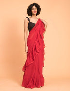 Suta Red Pure Cotton Solid Ruffle Saree - Distacart