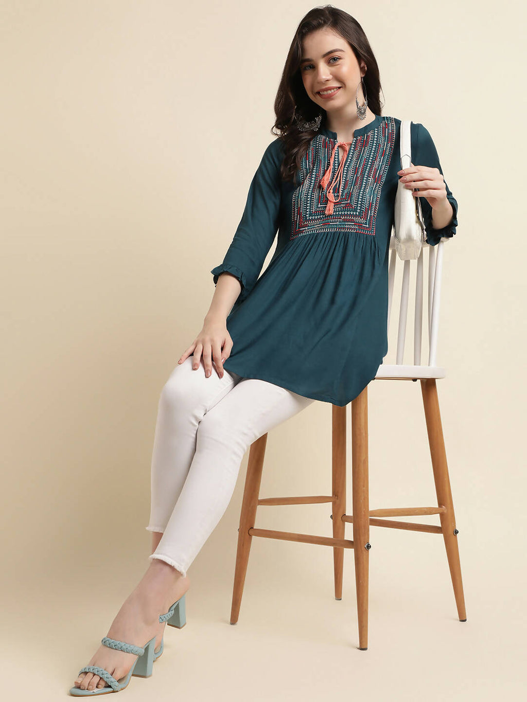 Teal Rayon Yoke Embroidered A-line Top - Tarini