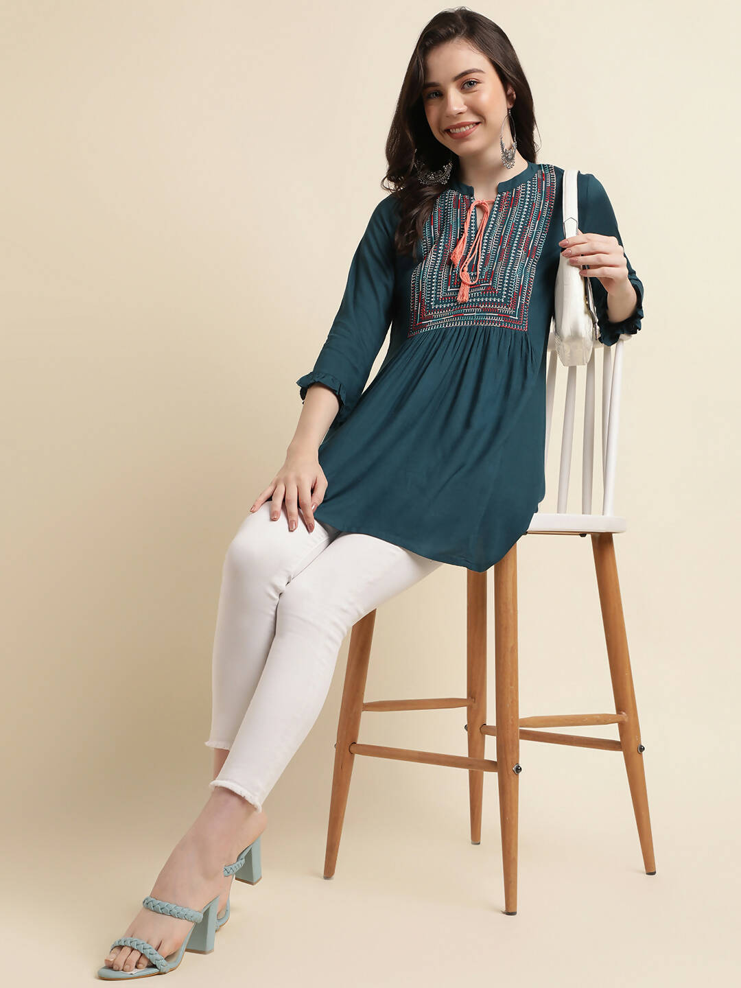 Teal Rayon Yoke Embroidered A-line Top - Tarini