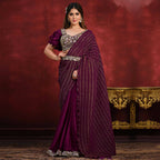 Magenta Crepe Satin Silk Sequence Thread & Stone Work/ Texture Pallu Saree - Mohmanthan Kimiya