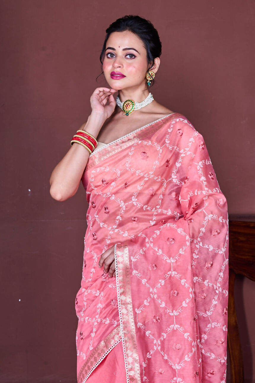 Morchari Peach Cotton Chanderi Embroidery Saree Unstitched Blouse - Distacart