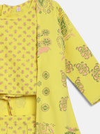 Ahalyaa Yellow Viscose Rayon Printed Kids Top & Palazzo Sets With Jacket For Girls