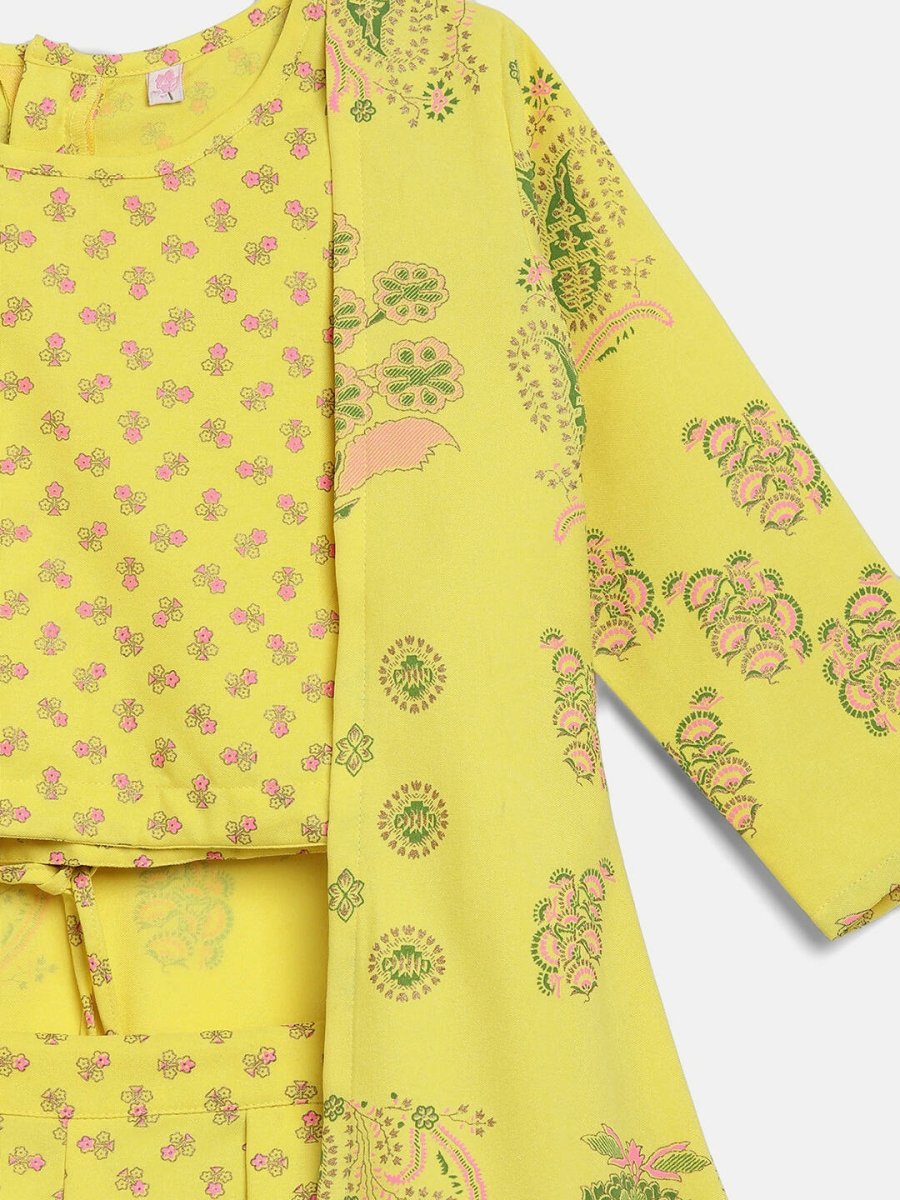 Ahalyaa Yellow Viscose Rayon Printed Kids Top & Palazzo Sets With Jacket For Girls