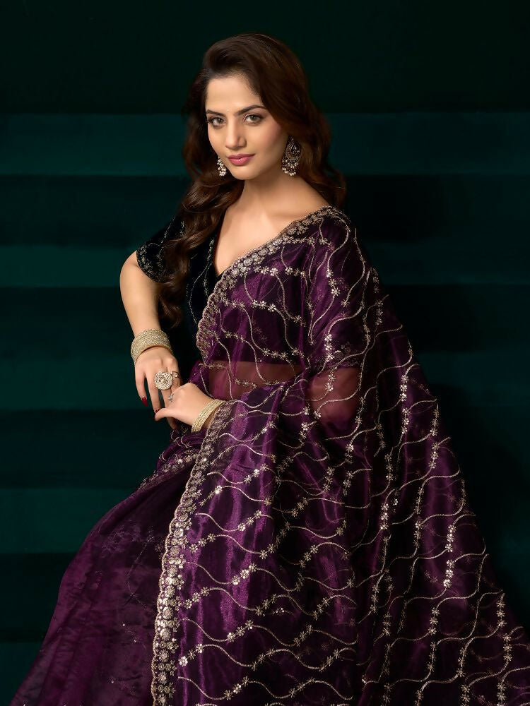 Joban Fashion Wine Net Party Wear Sarees - Distacart