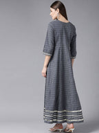 Yufta Women Grey Geometric Printed Mirror Work Kurta