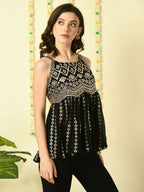 Myshka Women's Black Embroidered Party Fusion Top