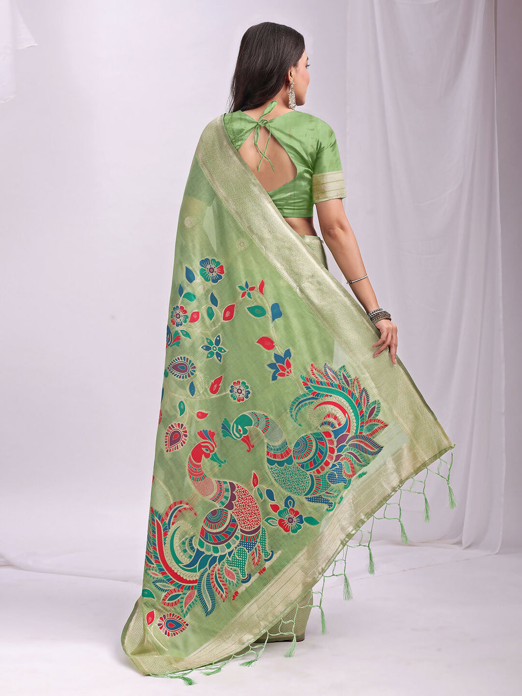 Shree Shyam Fashion Linen Cotton Light Green Saree - Distacart