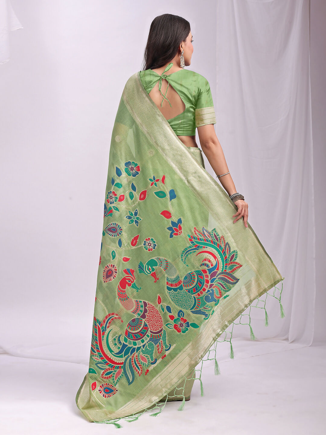 Shree Shyam Fashion Linen Cotton Light Green Saree - Distacart