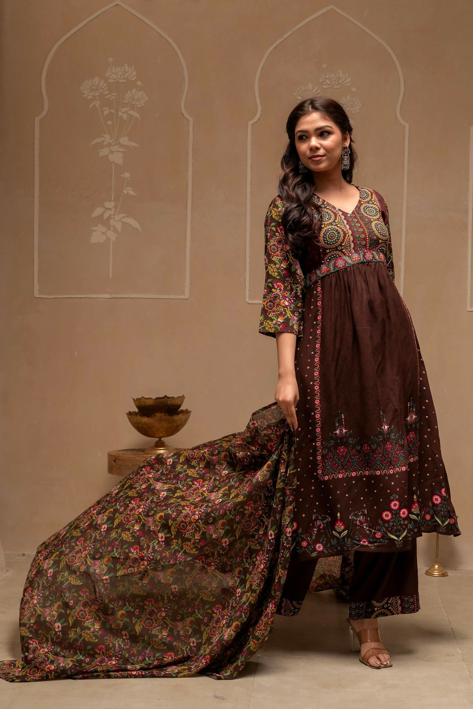 Juniper Brown Floral Viscose Kurta Pant Dupatta Set With Thread Work And Sequence - Distacart