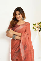 Vastranavya Brown Digital Printed Linen Ready To Wear Designer Saree with Unstitched Blouse - Distacart