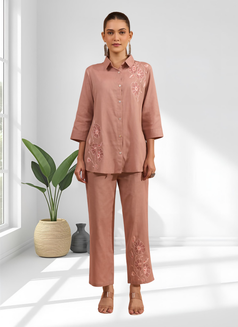 Joban Fashion Powder Pink Cotton, Linen Embroidered Readymade Cord Set - Distacart