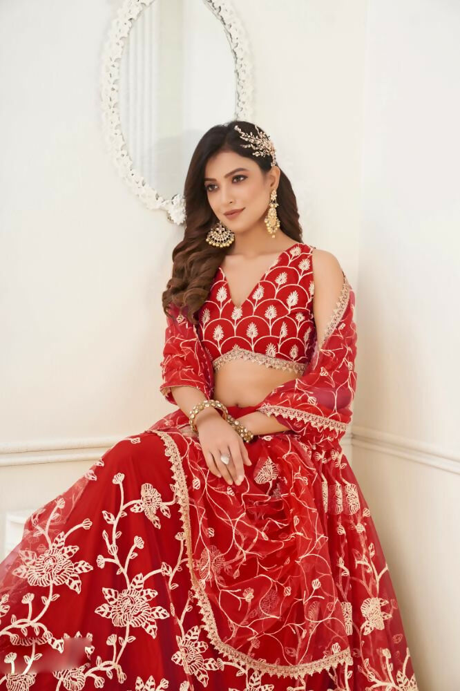 Aastha Fashion Red Butterfly Net White Cotton Thread Work And Sequence Work Embroidery Wedding Wear Lehenga Choli