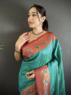 Joban Fashion Teal Blue Intricate Motifs Soft Silk Banarasi Saree