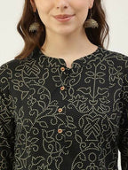 FIORRA Women's Black Printed Flared Cotton Kurta