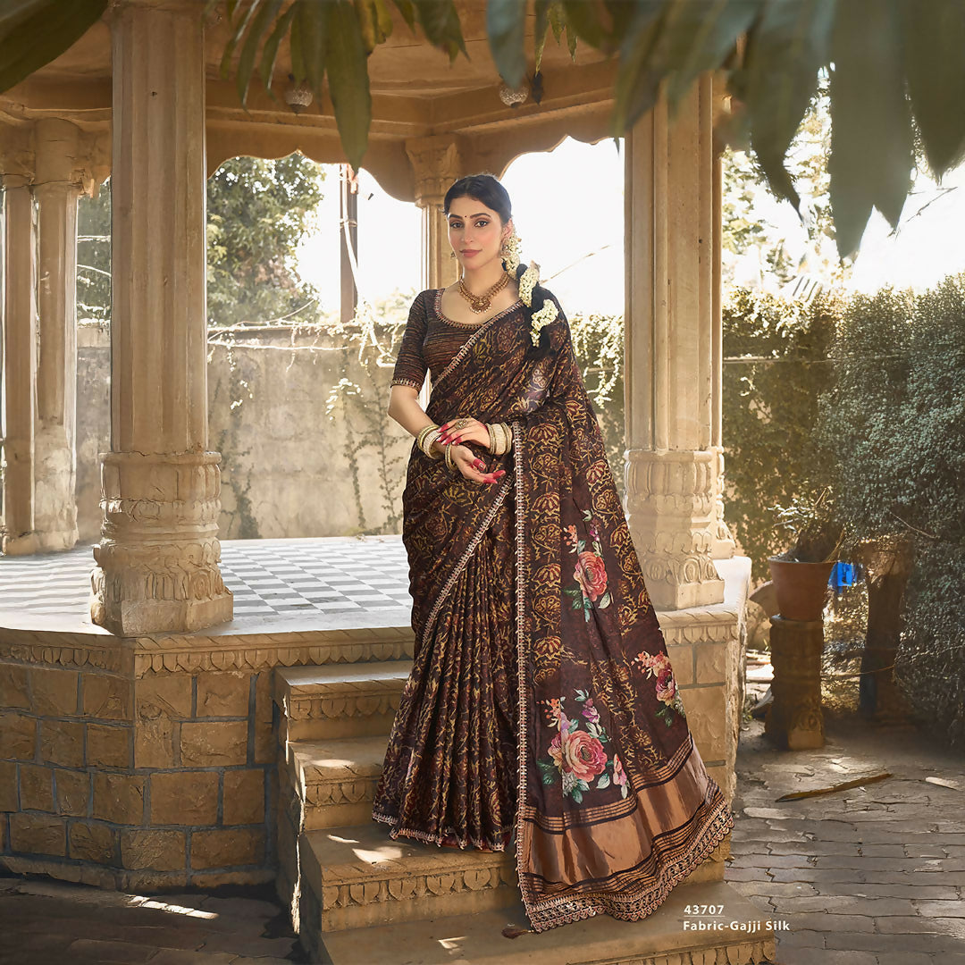 Brown Gajji Silk Gota With Minakari Work Saree With Unstitched Blouse - Norita Gajri
