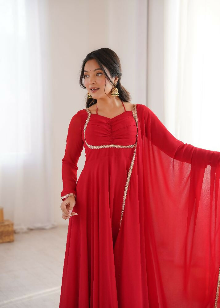 Teeya Creation Red Faux Georgette Designer Party Wear Long Gown - Distacart