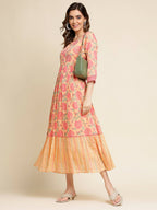 Peach Cotton Floral Printed Fit & Flare Dress - Yukti - Distacart