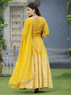 Juniper Mustard Bandhani Printed Shantoon Slub Lehenga Choli & Net Dupatta Set.