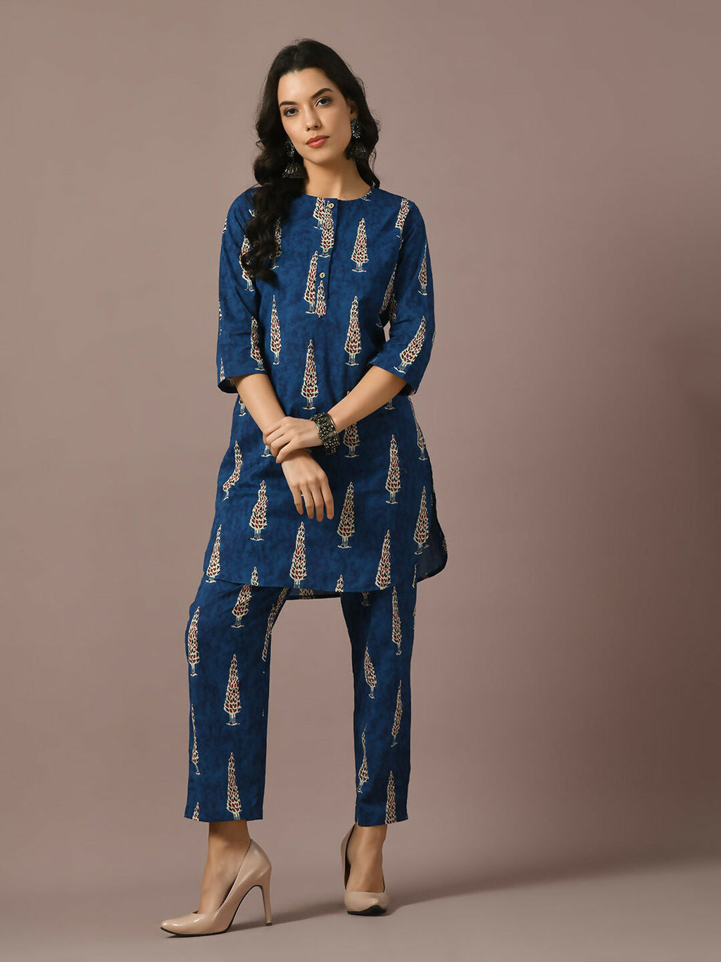 Myshka Women's Blue Printed Cotton Round Neck Party Tunic With Trousers Co-ord set