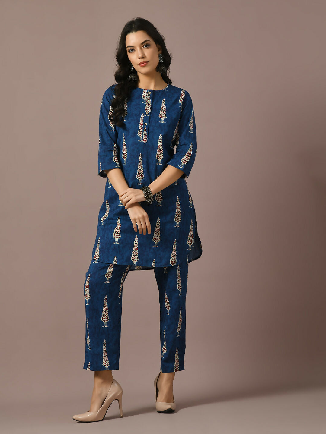 Myshka Women's Blue Printed Cotton Round Neck Party Tunic With Trousers Co-ord set