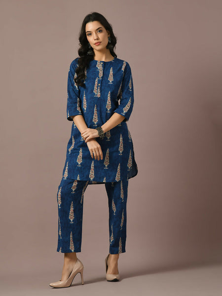 Myshka Women's Blue Printed Cotton Round Neck Party Tunic With Trousers Co-ord set