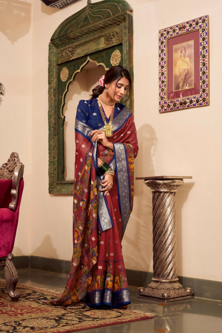 Vastranavya Maroon Poly Cotton Kalamkari Printed Saree with Unstitched Blouse