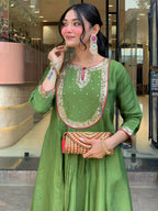 The52 Light Green Women's Gorgeous Embroidered Work Chanderi Fabric Flared Kurta Pant and Dupatta Set - Distacart