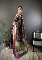 Joban Fashion Brown Woven Zari Motifs Lichi Silk Banarasi Silk Saree - Distacart
