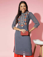 Myshka Women Grey Solid Georgette Straight V-Neck Kurtas - Distacart