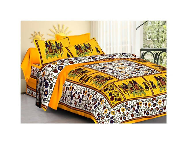 Vamika Printed Cotton Yellow Color Beautiful Bedsheet With Pillow Covers (LEOC_HTHY_Y)