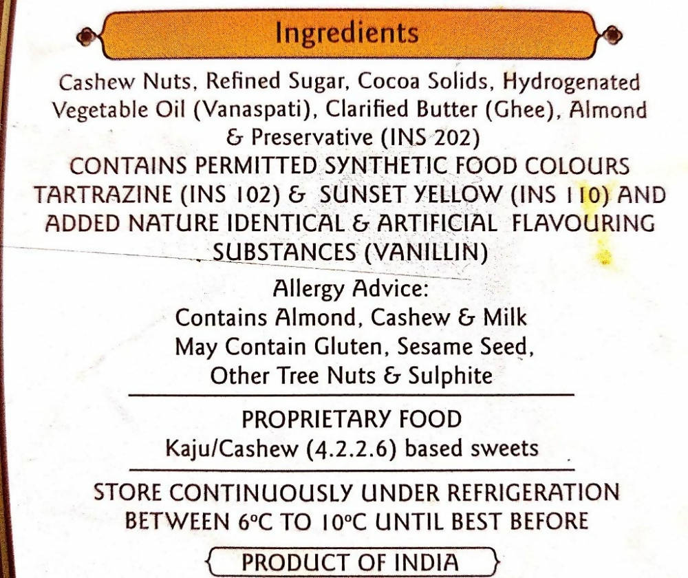 Haldiram's Nagpur Kaju Chocolate Ladoo Ingrdients