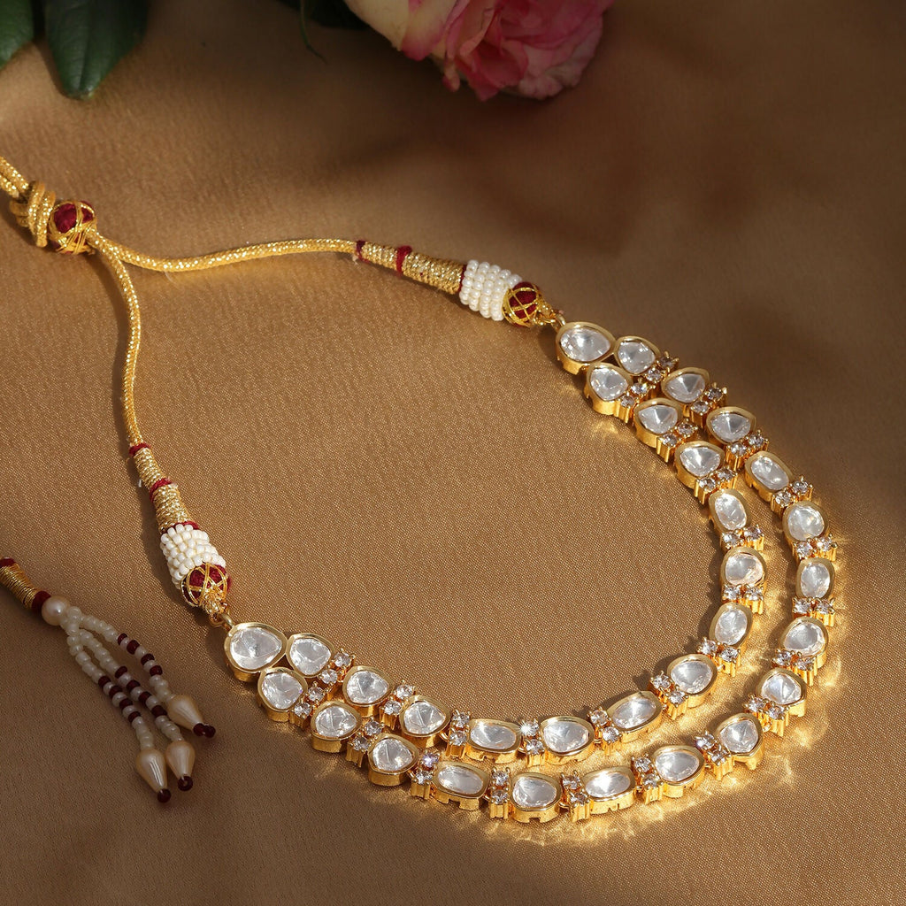 Double Layered Kundan and American Diamond Neckpiece (Gold) - Ruby Raang