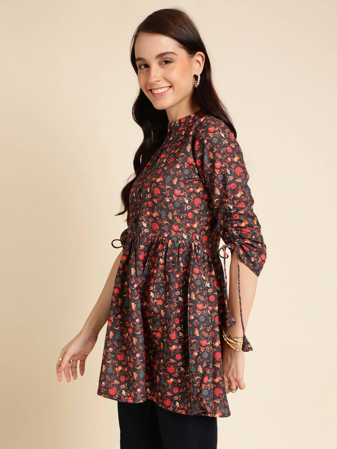 Black Poly Rayon Digital Printed A-line Top - Tarini
