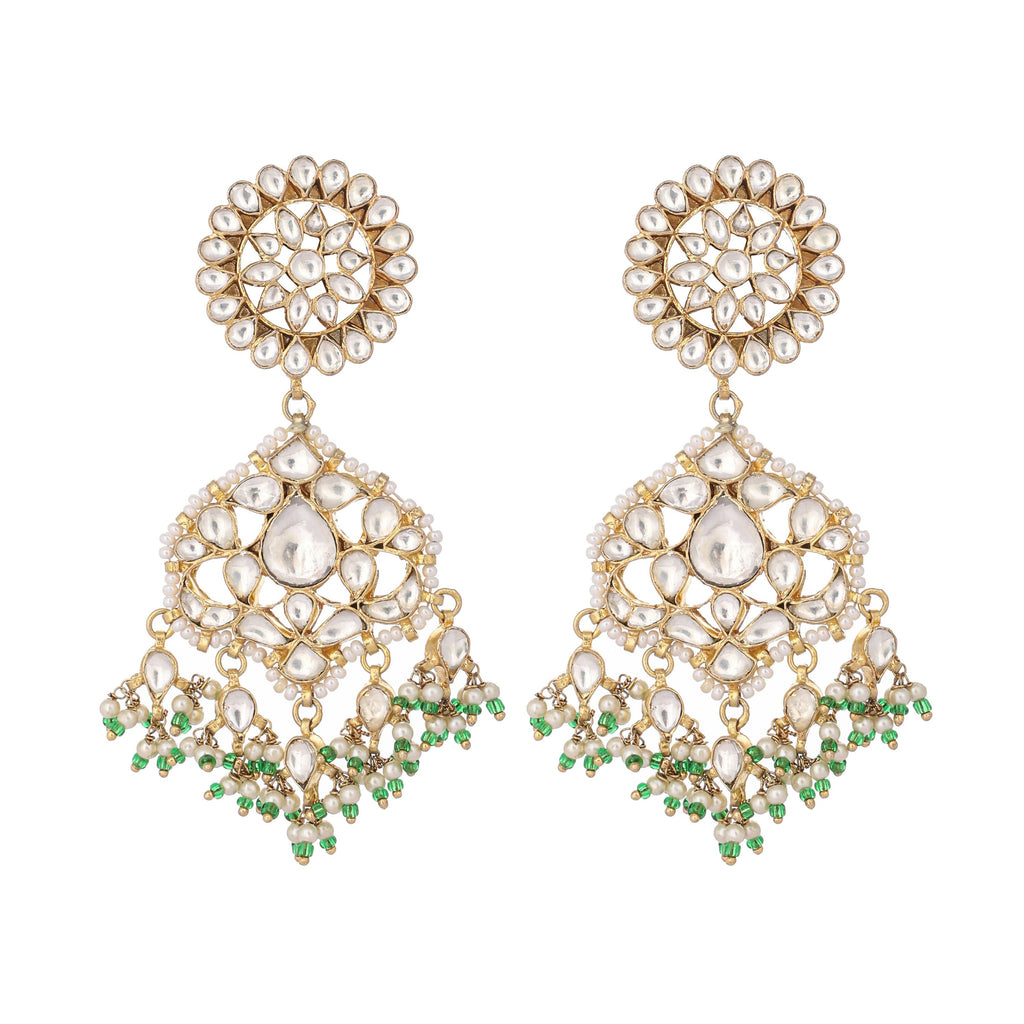Nuyug 22K Gold Plated Traditional Kundan Studded Contemporary Dangler Earrings with Pearl and Green Bead Accents - Distacart