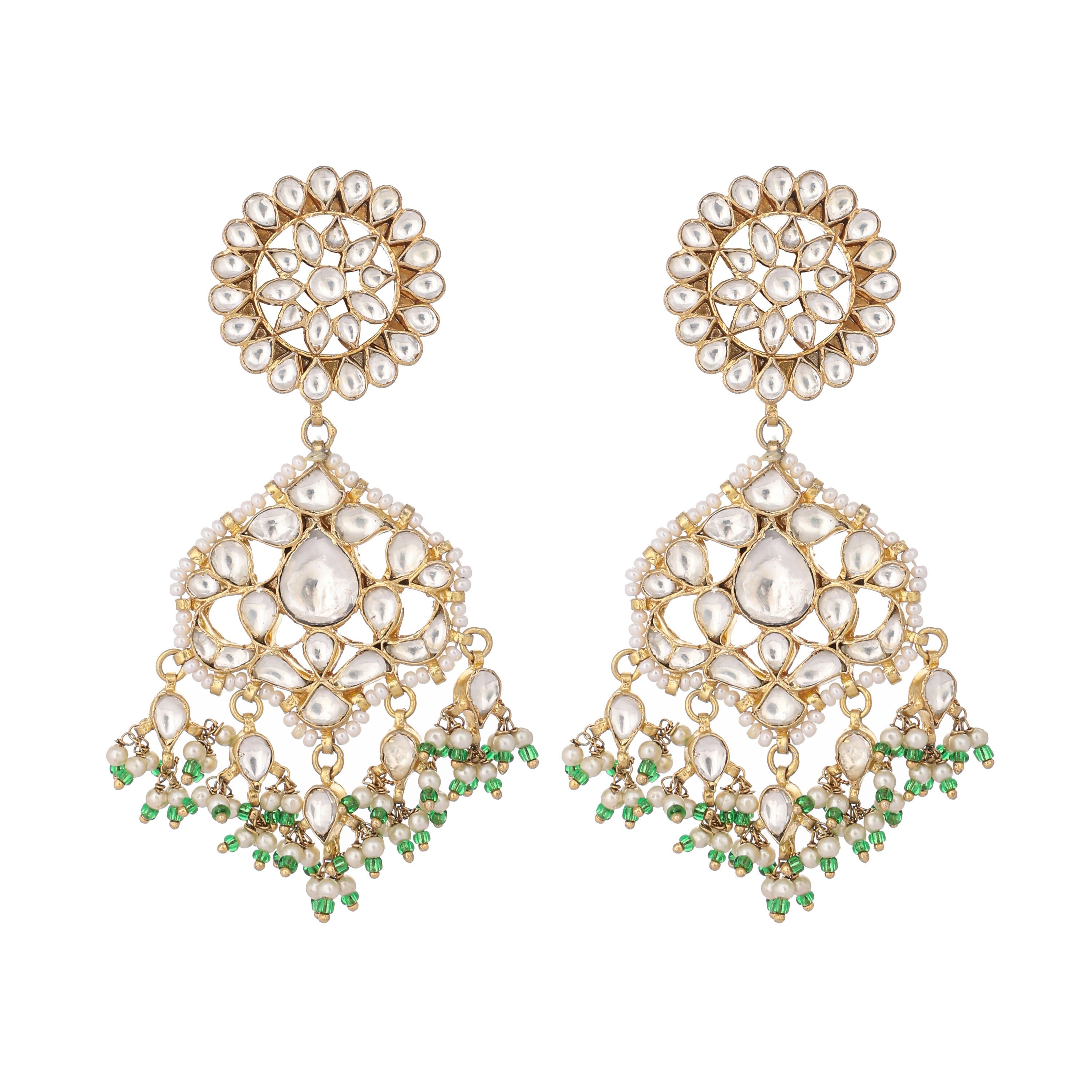 Nuyug 22K Gold Plated Traditional Kundan Studded Contemporary Dangler Earrings with Pearl and Green Bead Accents - Distacart