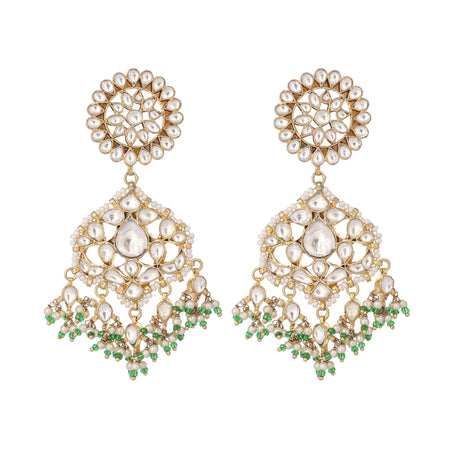 Nuyug 22K Gold Plated Traditional Kundan Studded Contemporary Dangler Earrings with Pearl and Green Bead Accents