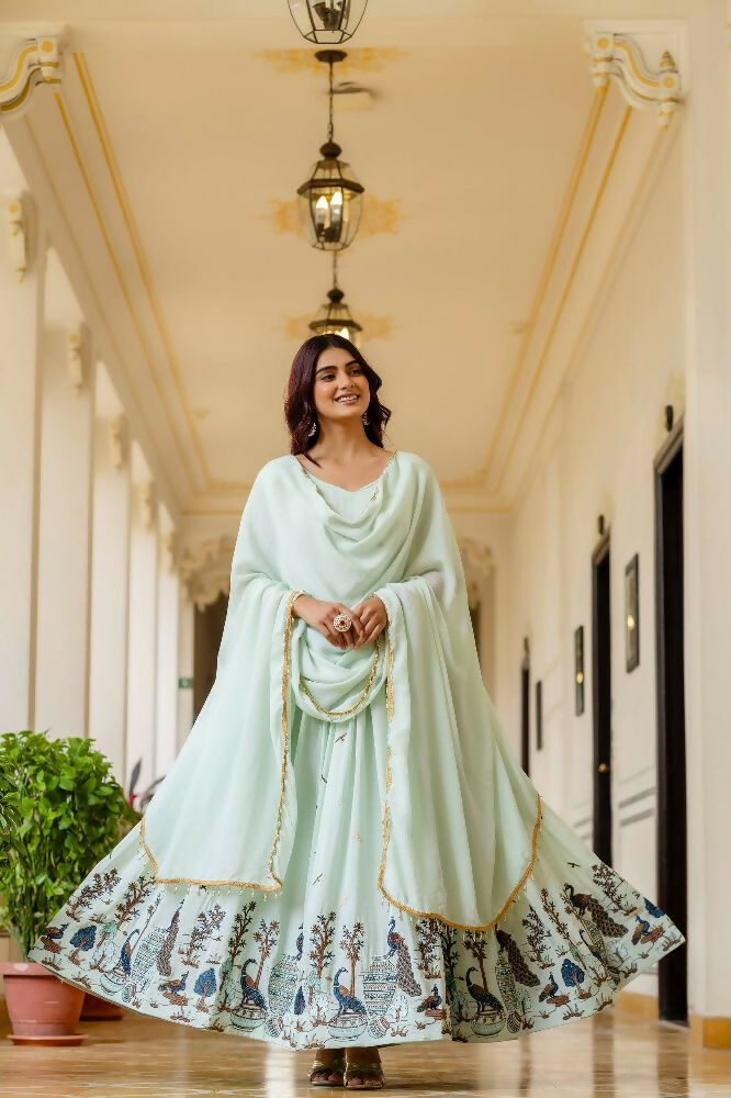 Teeya Creation Mint Green Chinnon Heavy Work Long Wedding Gown - Distacart