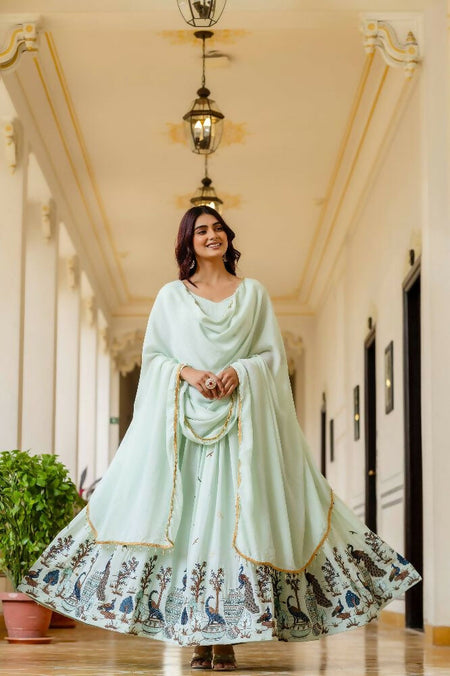 Teeya Creation Mint Green Chinnon Heavy Work Long Wedding Gown