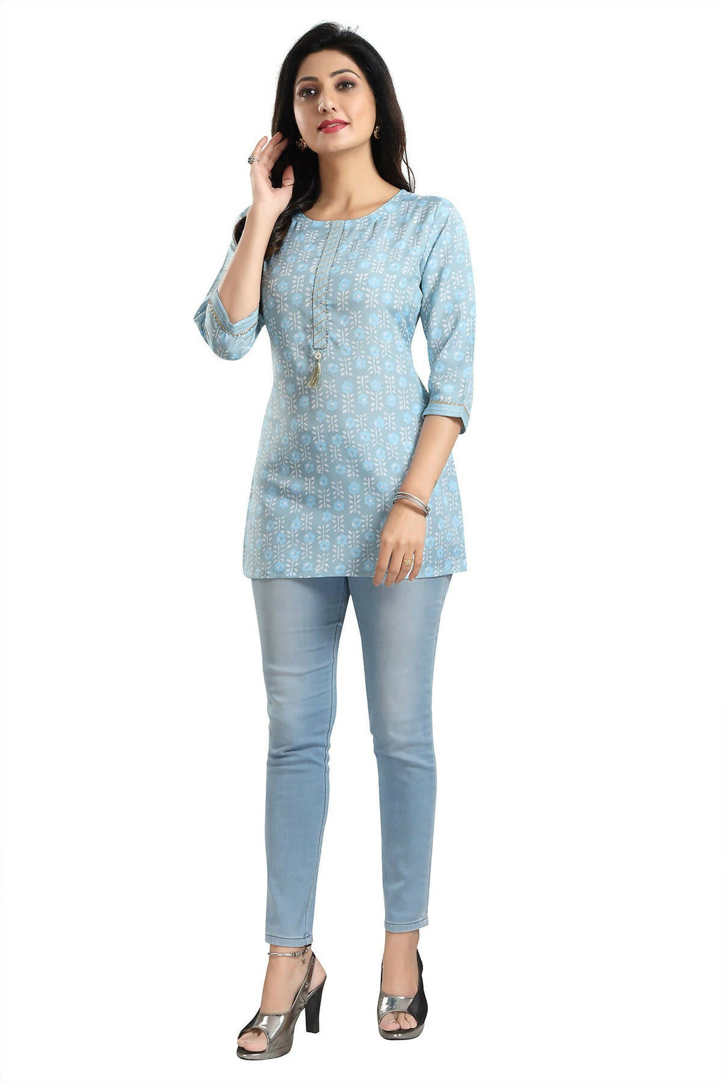 Snehal Creations Pretty Pastel Sky Blue Rayon Short Kurti Tunic Top - Distacart