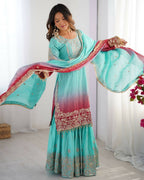 The52 Women's Beautiful Chinon silk Fabric Embroidery Work Straight Kurta Palazzo and Dupatta Set - Distacart