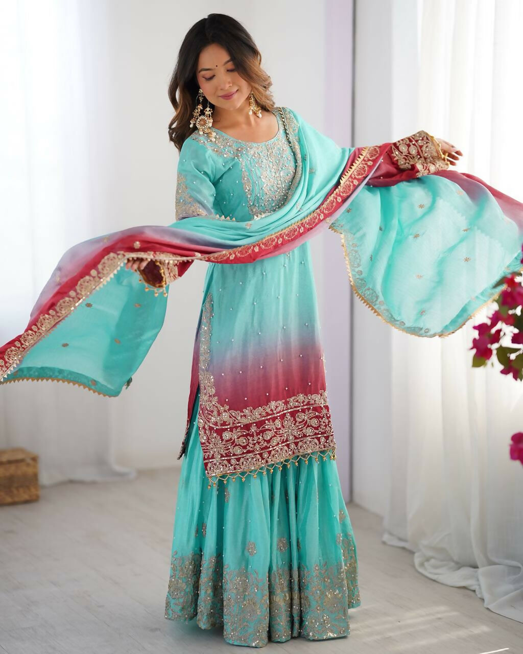 The52 Women's Beautiful Chinon silk Fabric Embroidery Work Straight Kurta Palazzo and Dupatta Set - Distacart