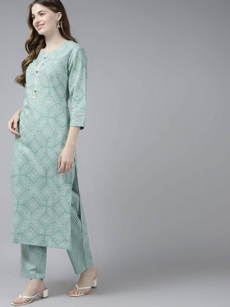 Yufta Women Green Bandhani Print Gotta Patti Pure Cotton Kurta with Palazzo and Dupatta