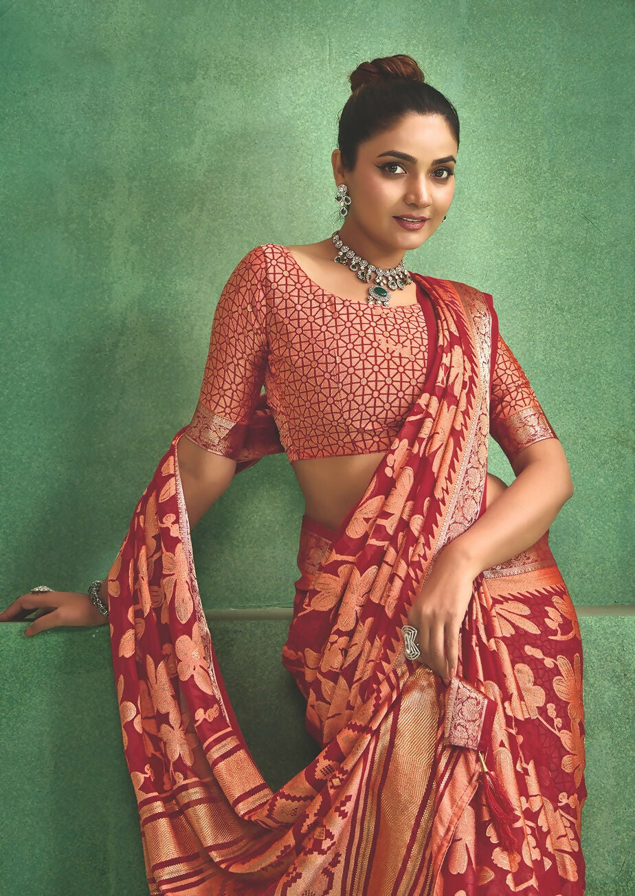 Joban Fashion Pinkdull Moss Brasso With Kasab Zari Border Saree & Tassels With Brasso Blouse - Distacart
