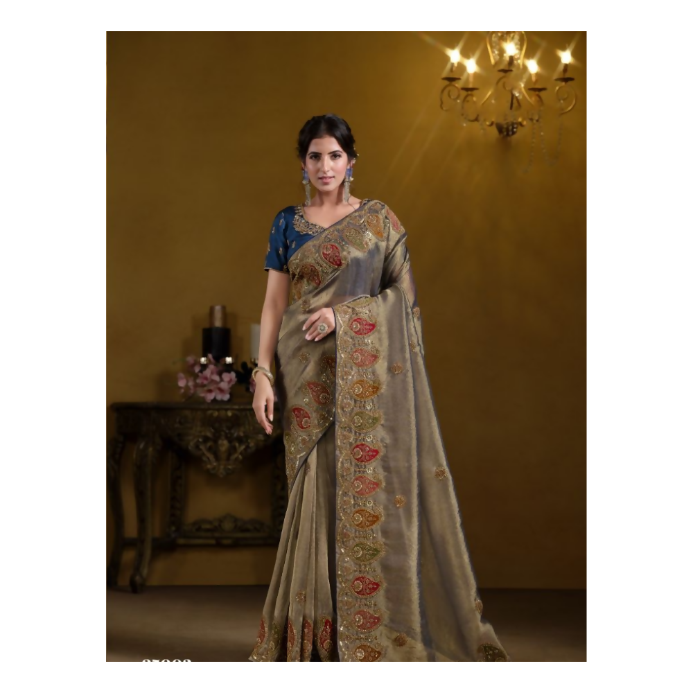 Teal Blue Pure Georgette Pure Khatli work Designer Saree With Blouse. - Rajasvi