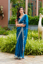 Vastranavya Firozi Embroidery Work Shimmer Chiffon Saree with Unstitched Blouse - Distacart
